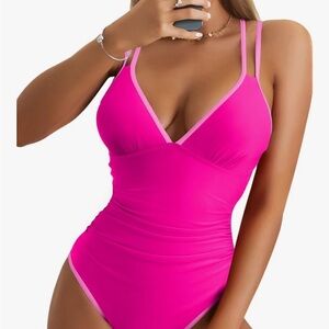 Women's Hot Pink V-Neck One-Piece Swimsuit